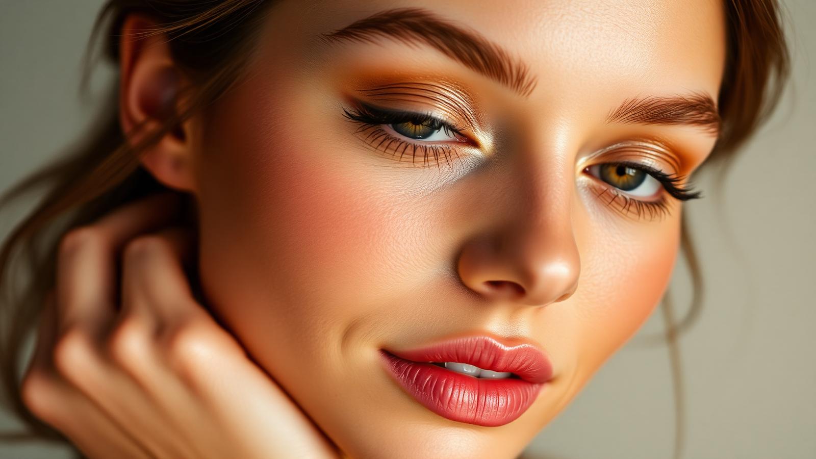 Pele luminosa em close, retrato editorial em tons cobre