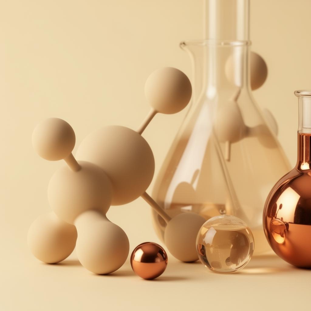 Representação visual de moléculas e vidraria de laboratório em tons de cobre e creme